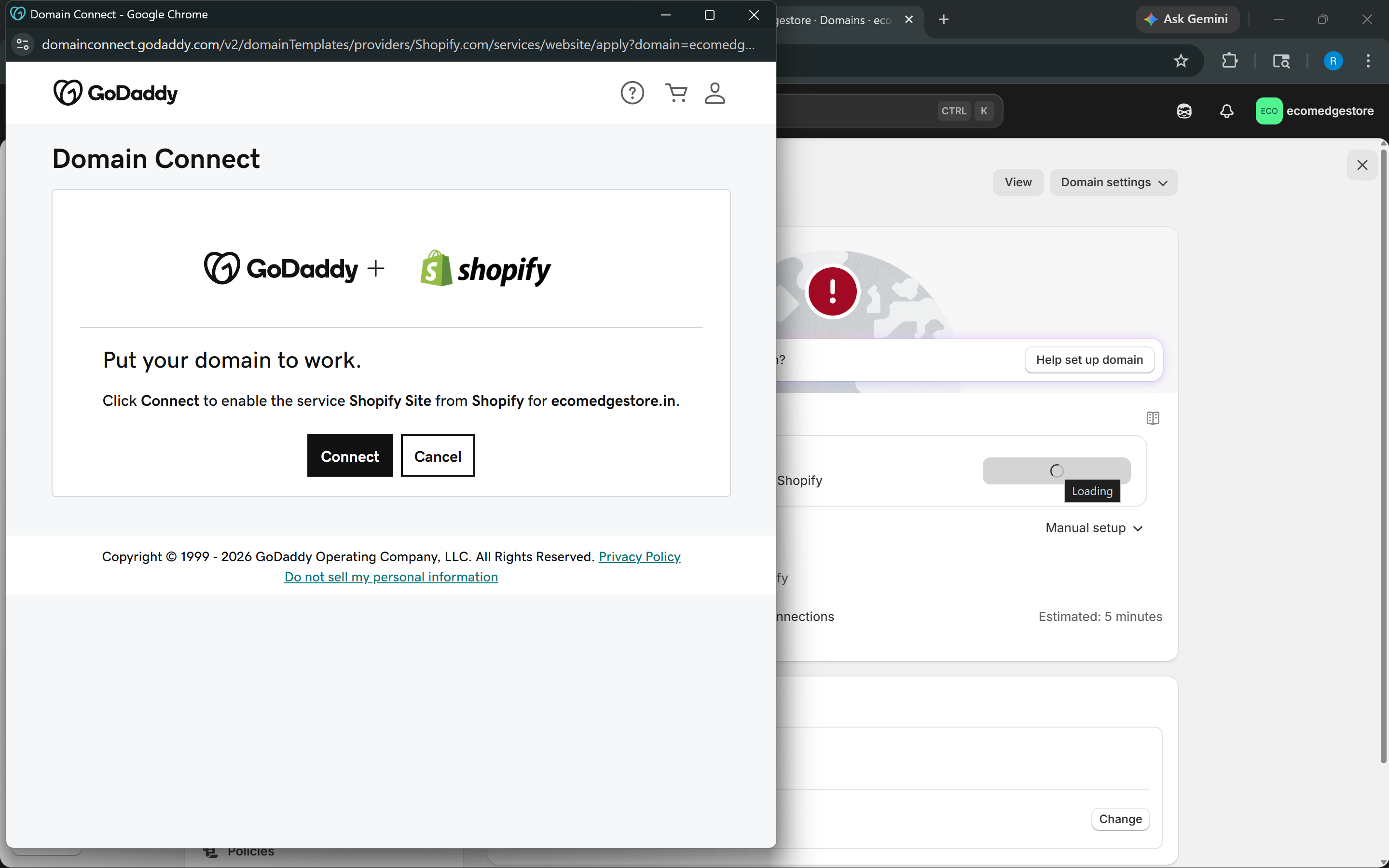 GoDaddy Domain Connect — click Connect